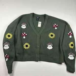 THORN & FABLE  NWT Button Sweater Cardigan Knit Plus Sz 5 Green Floral Mushroom